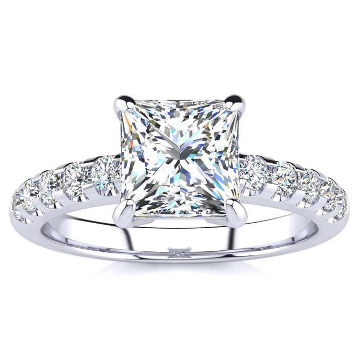 1.80 Carat Traditional Diamond Engagement Ring w/ 1.5 Carat Center Princess Cut Solitaire in 14K White Gold (4.5 g),  by SuperJeweler