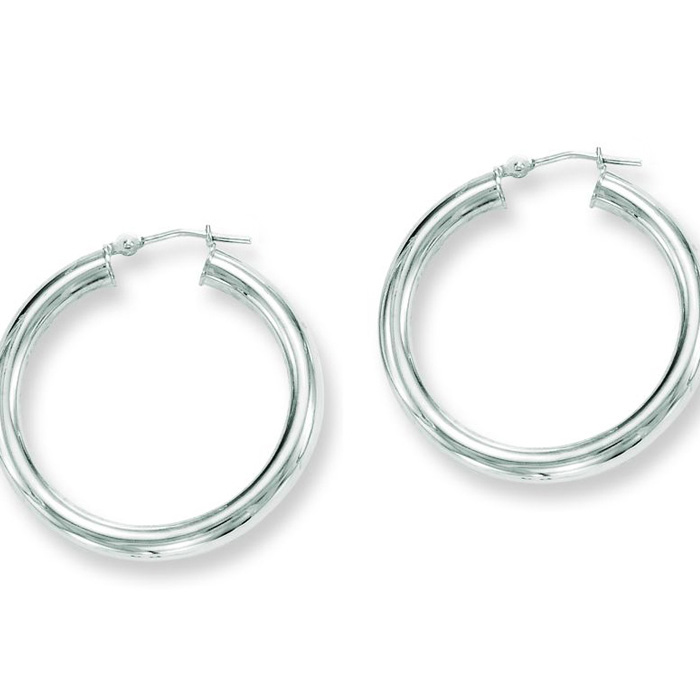 14K White Gold (3.4 g) Polish Finished 30mm Hoop Earrings w/ Hinge w/ Notched Closure by SuperJeweler