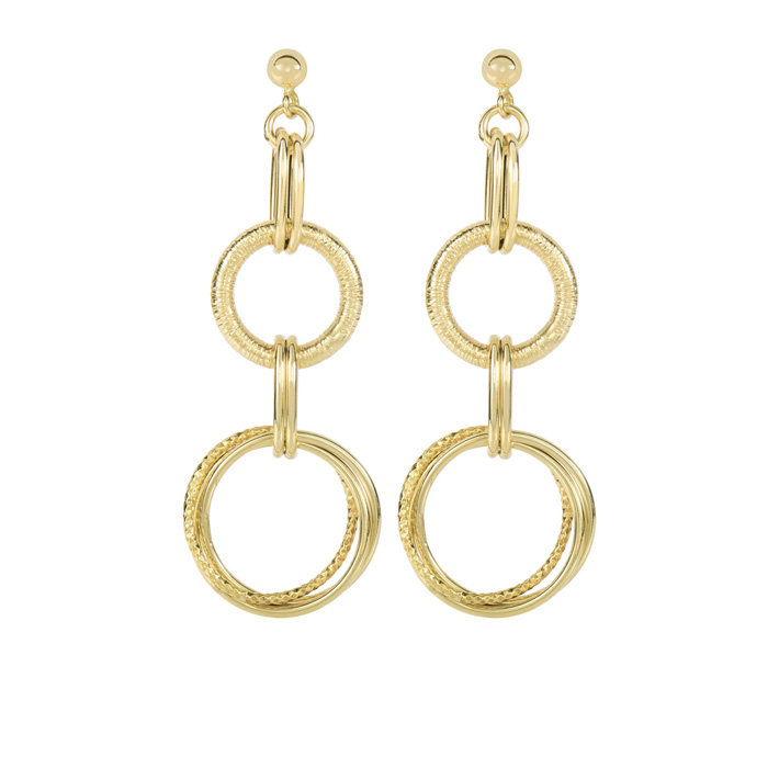 14K Yellow Gold (4.7 g) 2 Inch Textured & Shiny Double Oval Drop Earring On Ball Stud by SuperJeweler