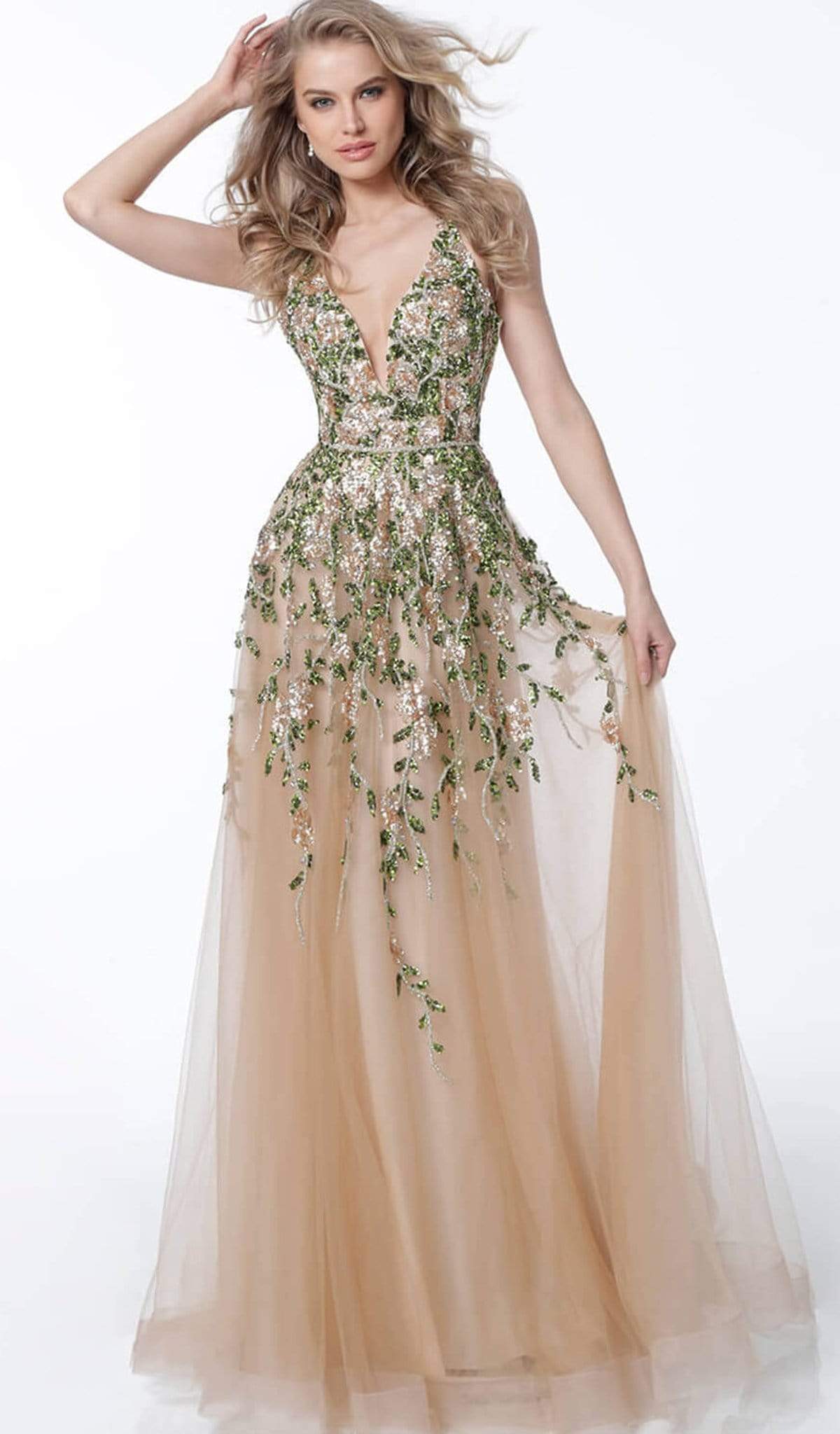Jovani - 60800 Floral Embroidered Crisscross-Strapped Gown