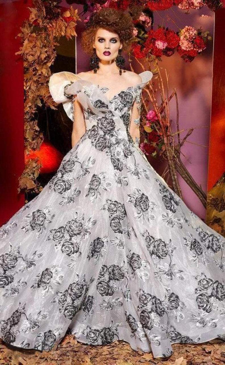 MNM Couture - 2419 Floral Accented Long Sleeve Off-Shoulder Ballgown