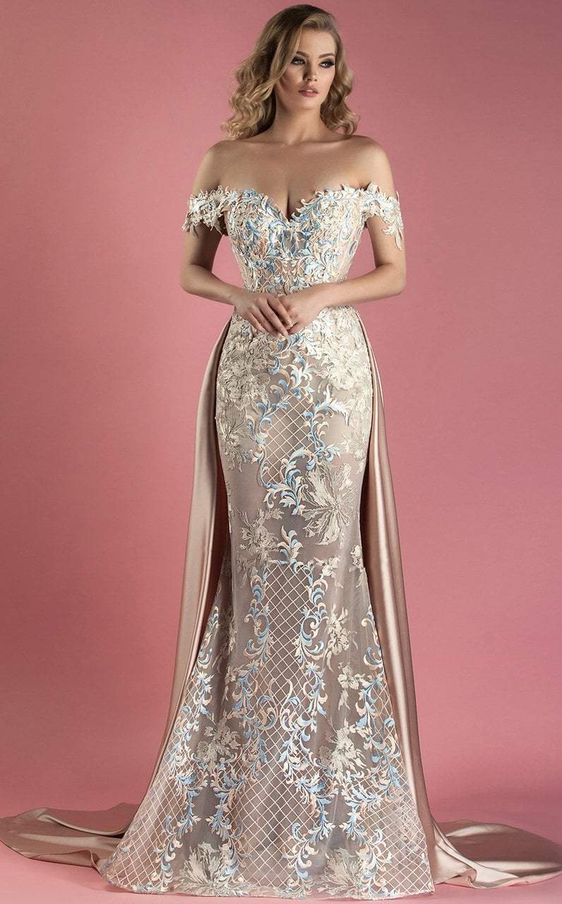 MNM Couture - K3556 Off the Shoulder Applique Gown with Overskirt
