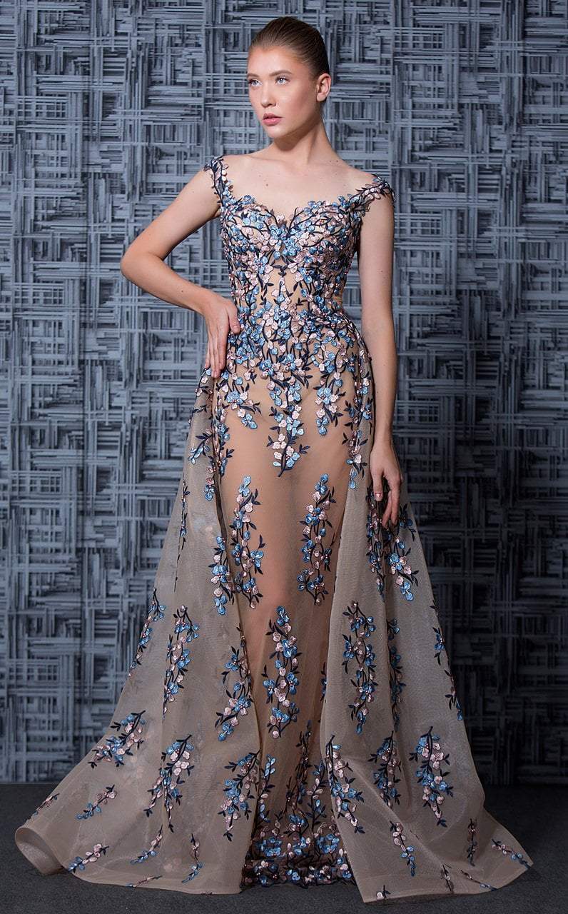 MNM Couture - K3595 Floral Off-Shoulder Illusion Evening Gown