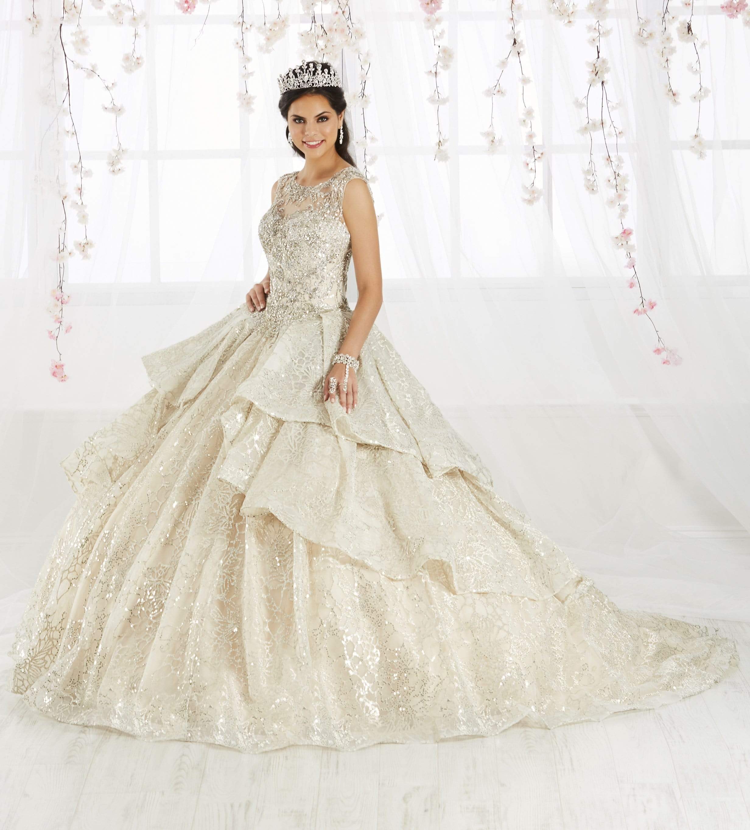 Quinceanera Collection - 26910 Tiered Illusion Jewel Ballgown