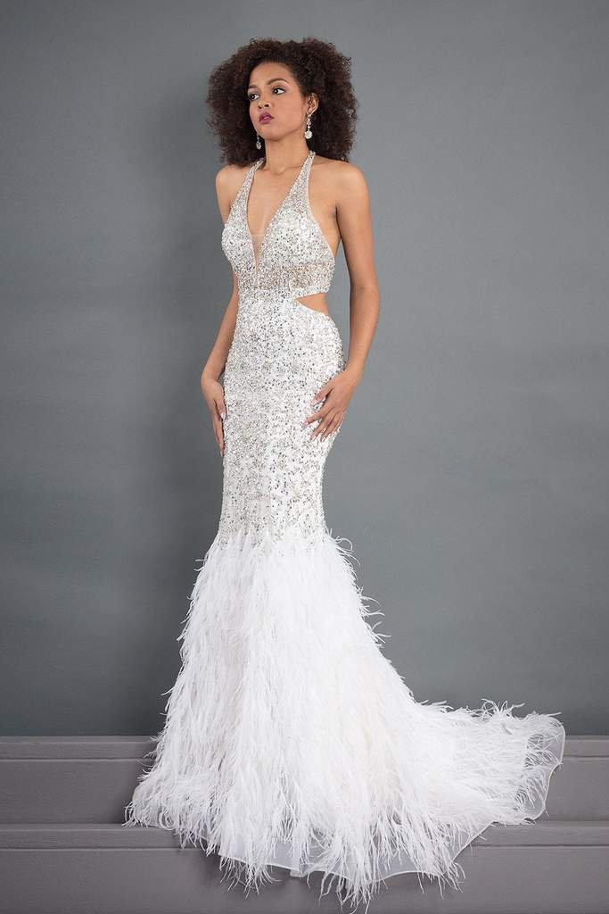 Rachel Allan Prima Donna - 5030 Feather-Fringed Cutout Long Gown