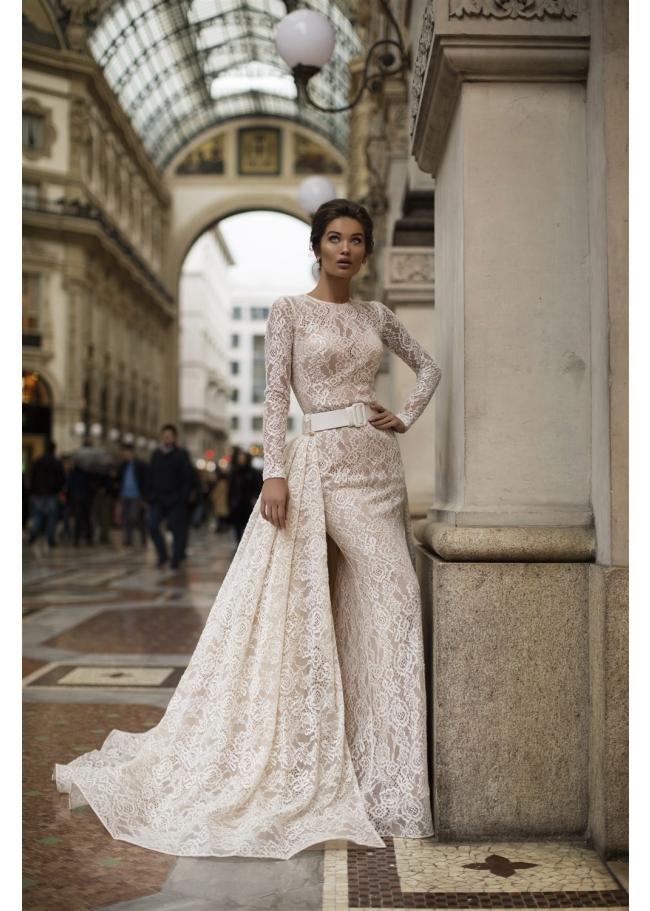 Tarik Ediz - 93608 Allover Lace Long Fitted Gown with Full Overskirt
