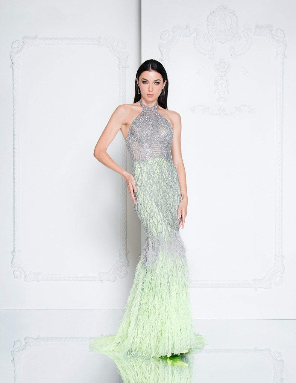 Terani Couture - 1811GL6407 Silver Embellished Halter Mermaid Dress