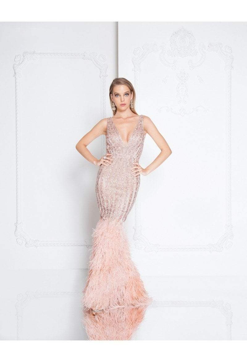 Terani Couture - 1811GL6414 Embellished Deep V-neck Mermaid Dress