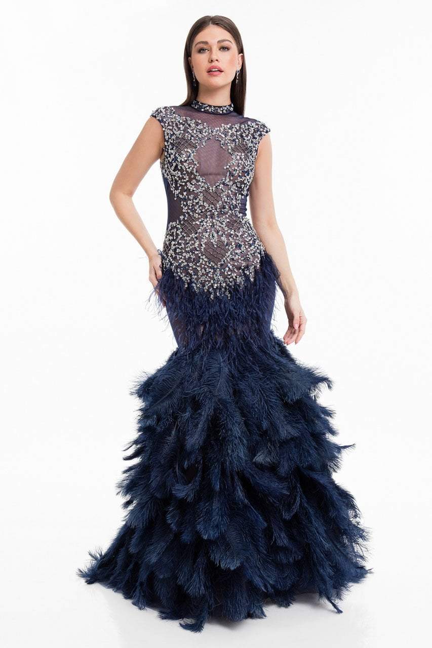Terani Couture - 1821GL7415 Jeweled High Neck Feather Ornate Gown