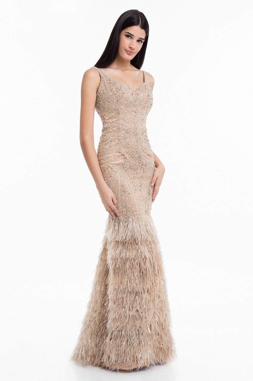 Terani Couture - 1821GL7429 Beaded Sweetheart Feathered Trumpet Dress