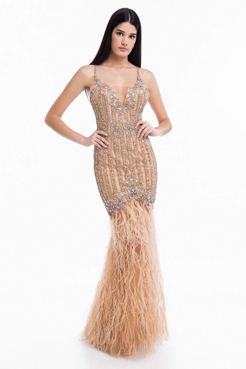 Terani Couture - 1821GL7439 Feather-Fringed Beaded Plunging Gown