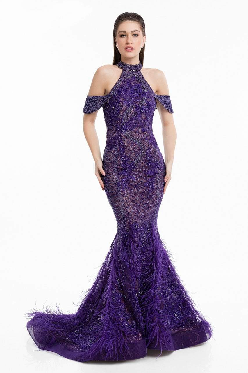 Terani Couture - 1823GL7531 Beaded and Feathered Mermaid Dress