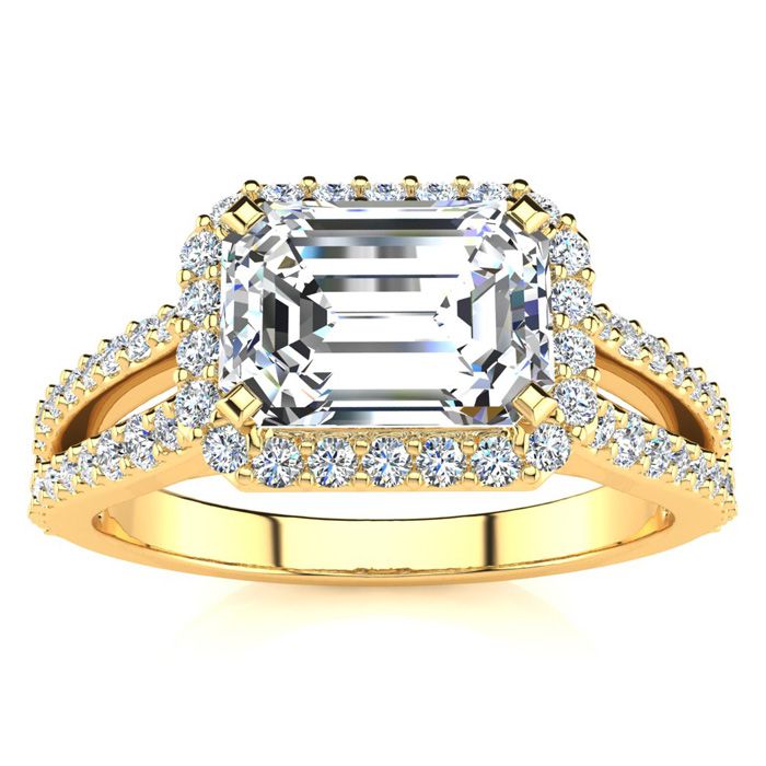1.5 Carat Emerald Cut Halo Diamond Engagement Ring in 14K Yellow Gold (3.9 g), Split Shank,  by SuperJeweler