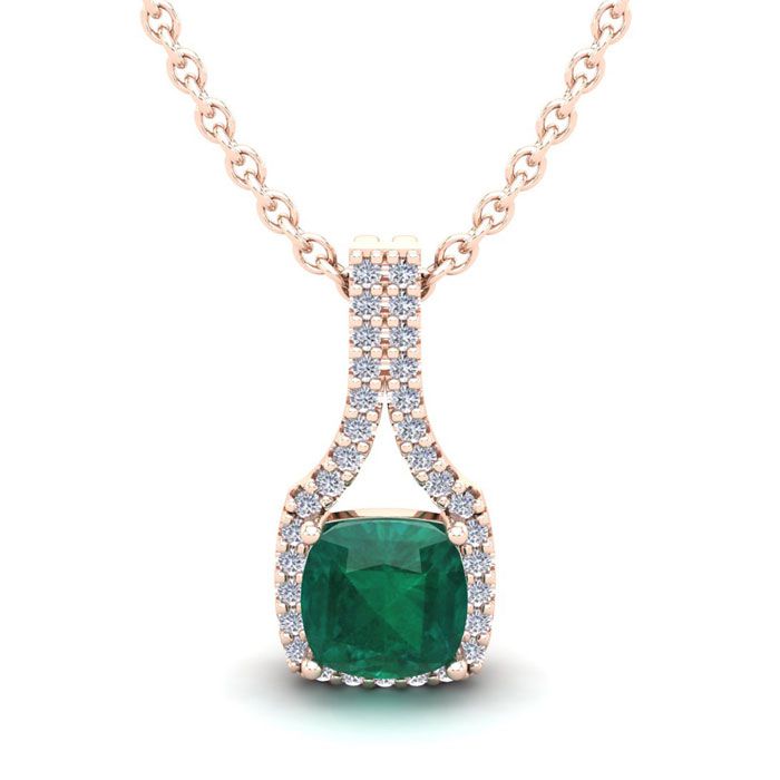 1 1/3 Carat Cushion Cut Emerald & Classic Halo Diamond Necklace in 14K Rose Gold (2.1 g), 18 Inches,  by SuperJeweler