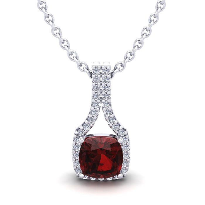 1 1/3 Carat Cushion Cut Garnet & Classic Halo Diamond Necklace in 14K White Gold (2.1 g), 18 Inches,  by SuperJeweler