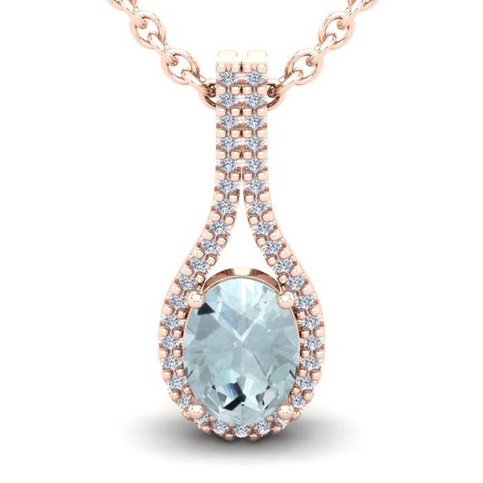 1 1/3 Carat Oval Shape Aquamarine & Halo Diamond Necklace in 14K Rose Gold (2.2 g), 18 Inches,  by SuperJeweler