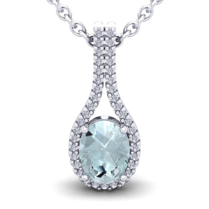 1 1/3 Carat Oval Shape Aquamarine & Halo Diamond Necklace in 14K White Gold (2.2 g), 18 Inches,  by SuperJeweler