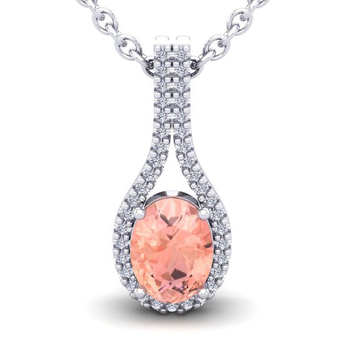 1 1/3 Carat Oval Shape Morganite & Halo Diamond Necklace in 14K White Gold (2.2 g), 18 Inches,  by SuperJeweler