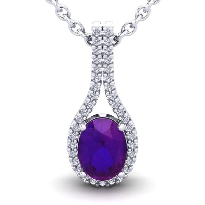 1.25 Carat Oval Shape Amethyst & Halo Diamond Necklace in 14K White Gold (2.2 g), 18 Inches,  by SuperJeweler