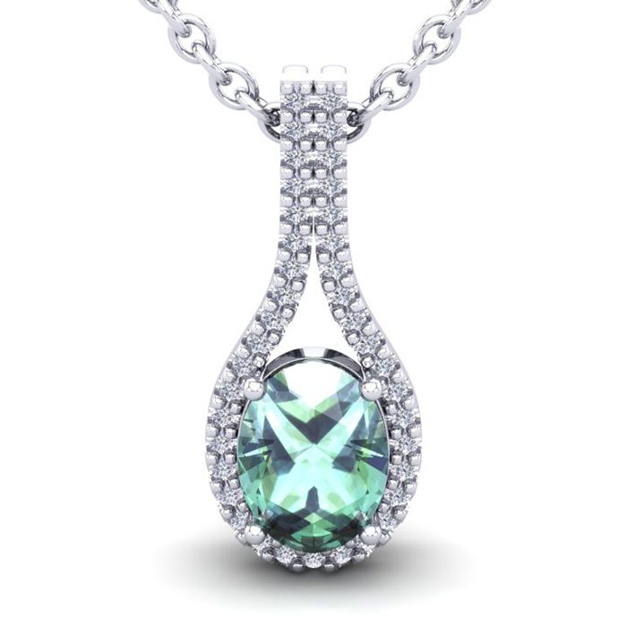 1.25 Carat Oval Shape Green Amethyst & Halo Diamond Necklace in 14K White Gold (2.2 g), 18 Inches,  by SuperJeweler