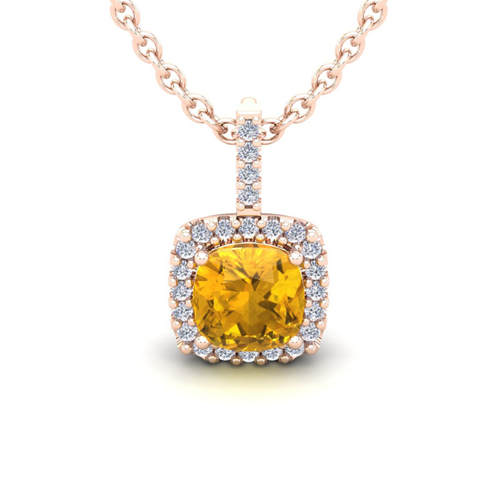 1 3/4 Carat Cushion Cut Citrine & Halo Diamond Necklace in 14K Rose Gold (2 g), 18 Inches,  by SuperJeweler
