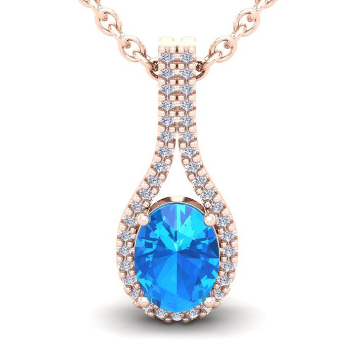1 3/4 Carat Oval Shape Blue Topaz & Halo Diamond Necklace in 14K Rose Gold (2.2 g), 18 Inches,  by SuperJeweler