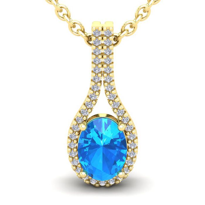 1 3/4 Carat Oval Shape Blue Topaz & Halo Diamond Necklace in 14K Yellow Gold (2.2 g), 18 Inches,  by SuperJeweler