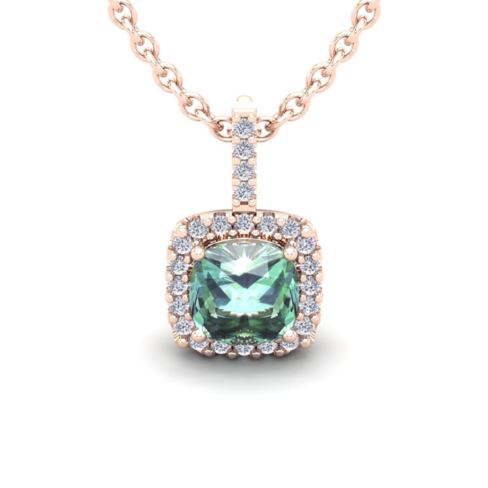 1.5 Carat Cushion Cut Green Amethyst & Halo Diamond Necklace in 14K Rose Gold (2 g), 18 Inches,  by SuperJeweler