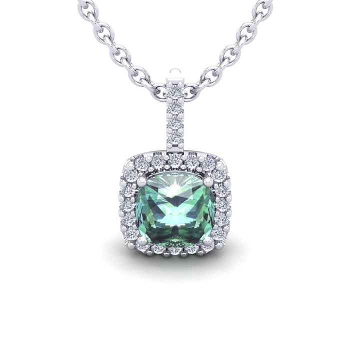 1.5 Carat Cushion Cut Green Amethyst & Halo Diamond Necklace in 14K White Gold (2 g), 18 Inches,  by SuperJeweler