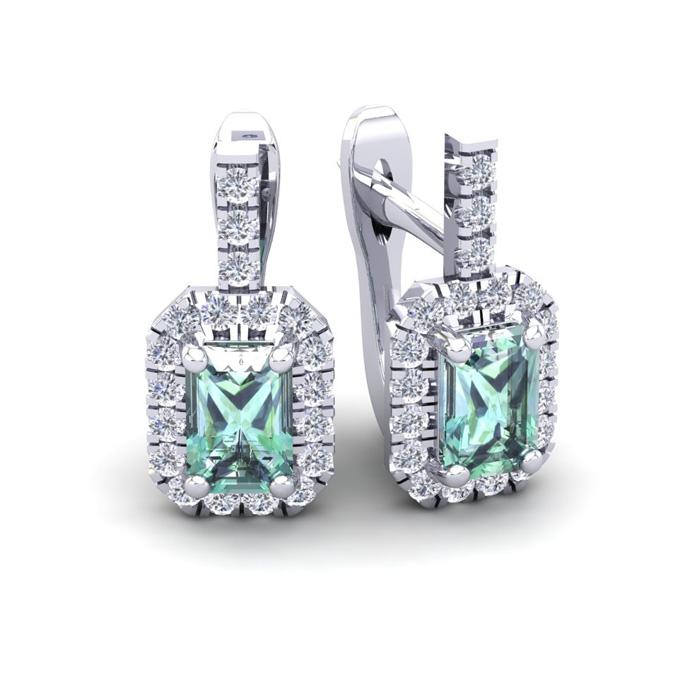 1.5 Carat Emerald Cut Green Amethyst & Halo Diamond Dangle Earrings in 14K White Gold (3.4 g),  by SuperJeweler