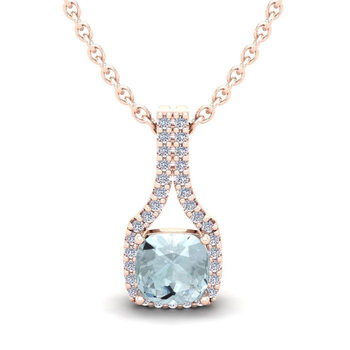 1 Carat Cushion Cut Aquamarine & Classic Halo Diamond Necklace in 14K Rose Gold (2.1 g), 18 Inches,  by SuperJeweler