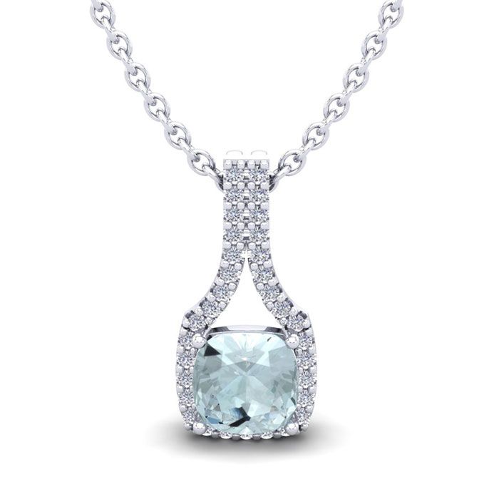 1 Carat Cushion Cut Aquamarine & Classic Halo Diamond Necklace in 14K White Gold (2.1 g), 18 Inches,  by SuperJeweler