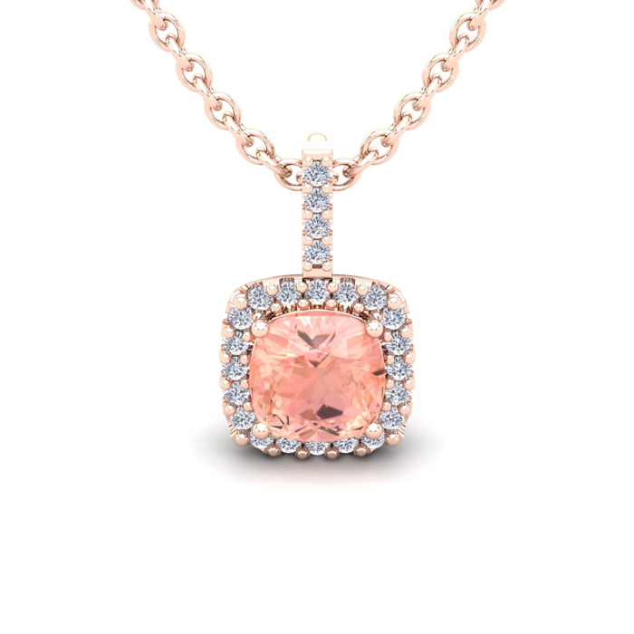 1 Carat Cushion Cut Morganite & Halo Diamond Necklace in 14K Rose Gold (1.5 g), 18 Inches,  by SuperJeweler
