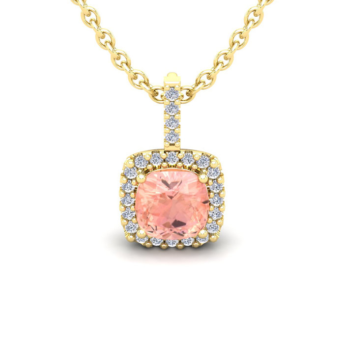 1 Carat Cushion Cut Morganite & Halo Diamond Necklace in 14K Yellow Gold (1.5 g), 18 Inches,  by SuperJeweler