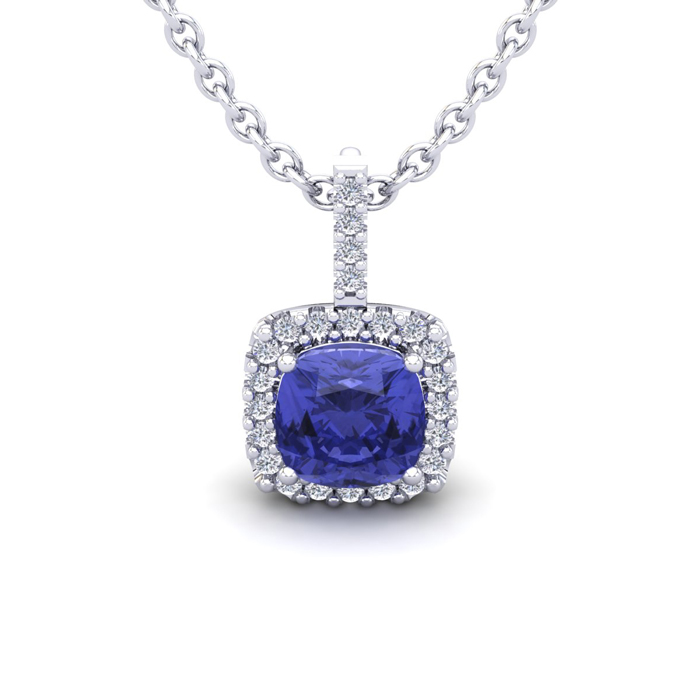 1 Carat Cushion Cut Tanzanite & Halo Diamond Necklace in 14K White Gold (1.5 g), 18 Inches,  by SuperJeweler