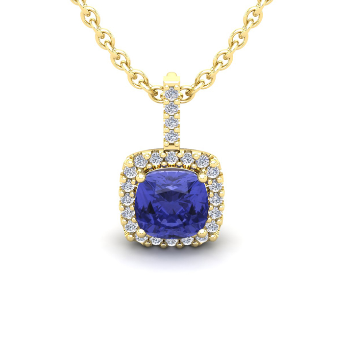 1 Carat Cushion Cut Tanzanite & Halo Diamond Necklace in 14K Yellow Gold (1.5 g), 18 Inches,  by SuperJeweler