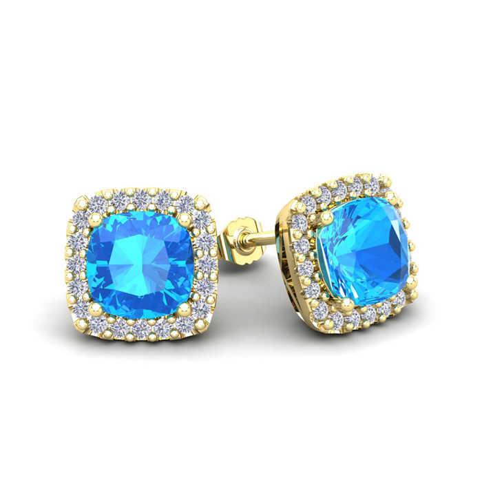 2.5 Carat Cushion Cut Blue Topaz & Halo Diamond Stud Earrings in 14K Yellow Gold (2.6 g),  by SuperJeweler