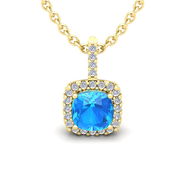 2 Carat Cushion Cut Blue Topaz & Halo Diamond Necklace in 14K Yellow Gold (2 g), 18 Inches,  by SuperJeweler