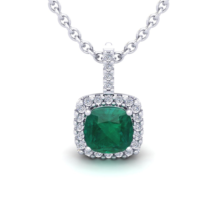 2 Carat Cushion Cut Emerald & Halo Diamond Necklace in 14K White Gold (2 g), 18 Inches,  by SuperJeweler