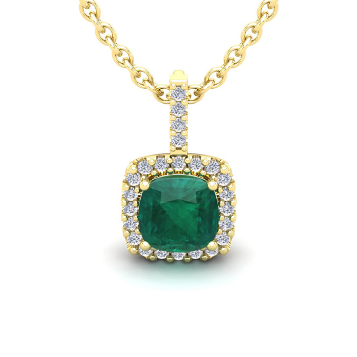 2 Carat Cushion Cut Emerald & Halo Diamond Necklace in 14K Yellow Gold (2 g), 18 Inches,  by SuperJeweler