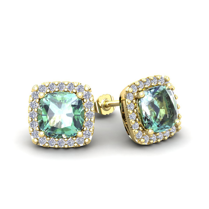 2 Carat Cushion Cut Green Amethyst & Halo Diamond Stud Earrings in 14K Yellow Gold (2.6 g),  by SuperJeweler