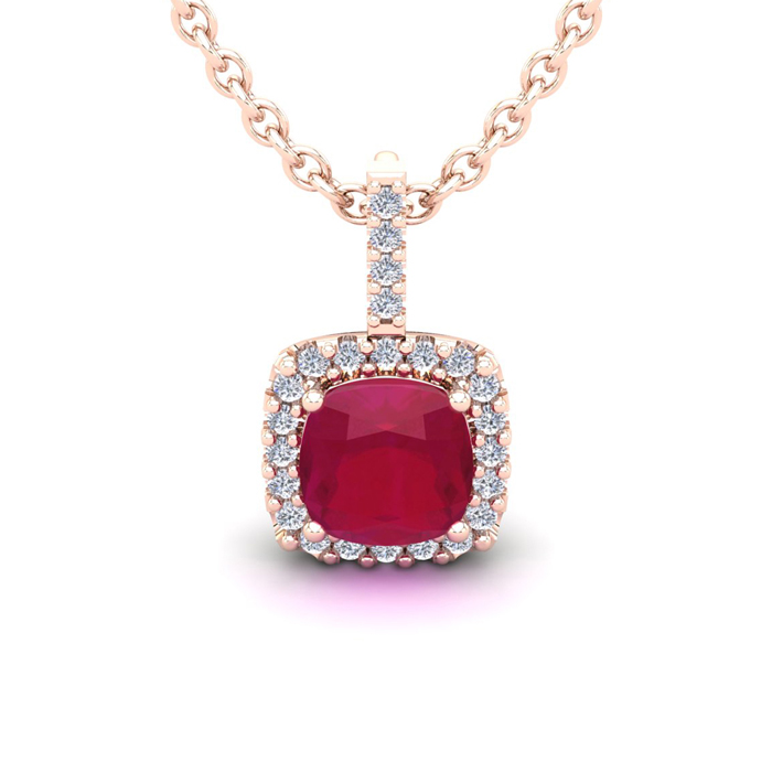 2 Carat Cushion Cut Ruby & Halo Diamond Necklace in 14K Rose Gold (2 g), 18 Inches,  by SuperJeweler