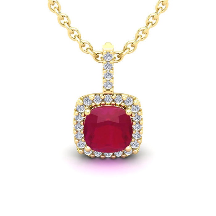 2 Carat Cushion Cut Ruby & Halo Diamond Necklace in 14K Yellow Gold (2 g), 18 Inches,  by SuperJeweler