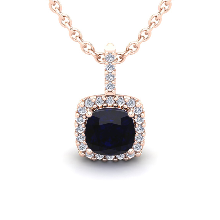 2 Carat Cushion Cut Sapphire & Halo Diamond Necklace in 14K Rose Gold (2 g), 18 Inches,  by SuperJeweler