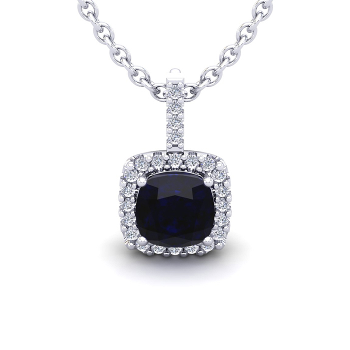 2 Carat Cushion Cut Sapphire & Halo Diamond Necklace in 14K White Gold (2 g), 18 Inches,  by SuperJeweler