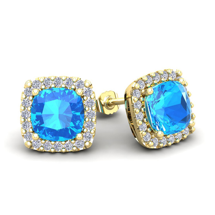 4 Carat Cushion Cut Blue Topaz & Halo Diamond Stud Earrings in 14K Yellow Gold (3.5 g),  by SuperJeweler