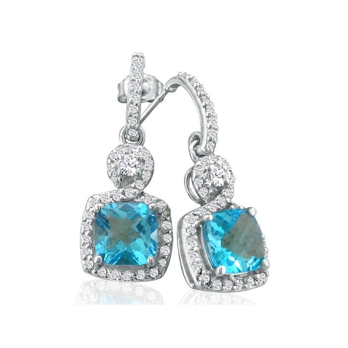 Dangling Micropave Blue Topaz & Diamond Earrings, 14K White Gold,  by SuperJeweler