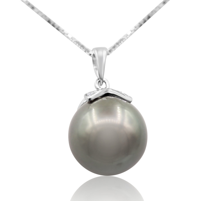 10-11MM AAA Cultured Black Tahitian Pearl Necklace in 14K White Gold (3.2 g) w/ Crystal Accents, 18 Inches by SuperJeweler