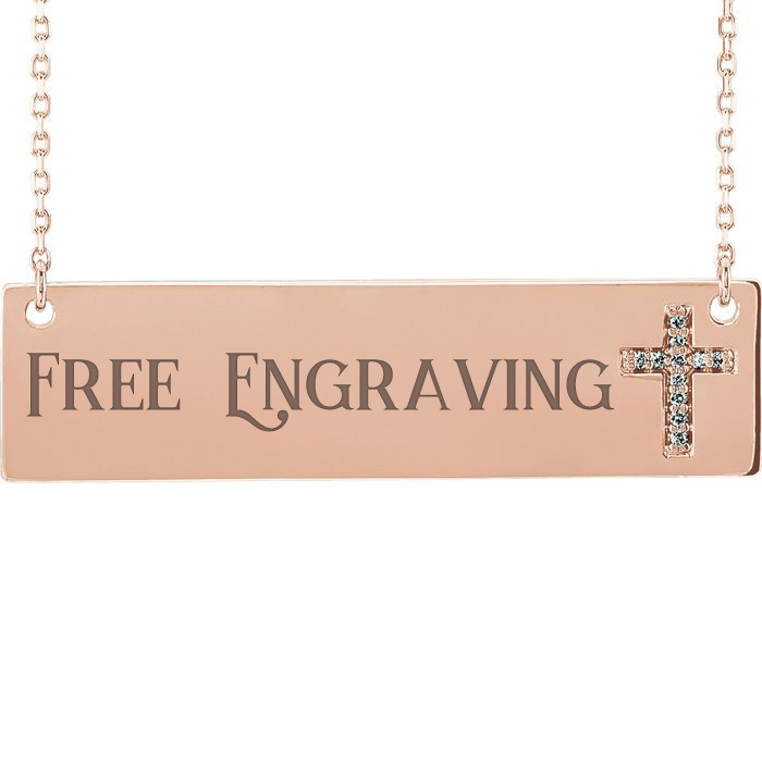 14K Rose Gold (5.6 g) 0.03 Carat Diamond Cross Bar Necklace w/ Free Custom Engraving, 16 Inches, G/H Color by SuperJeweler