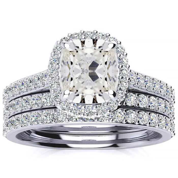 3 Carat Cushion Cut Halo Diamond Bridal Engagement Ring Set in 14K White Gold (16 g), , Size 4 by SuperJeweler